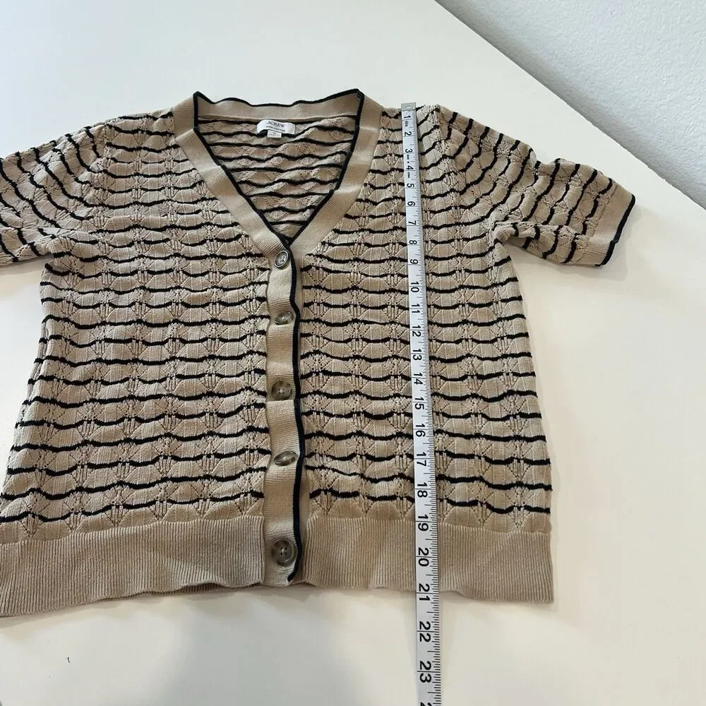 J Crew Short Sleeve Pointelle V-Neck Cardigan Sweater Sz M Academia Preppy